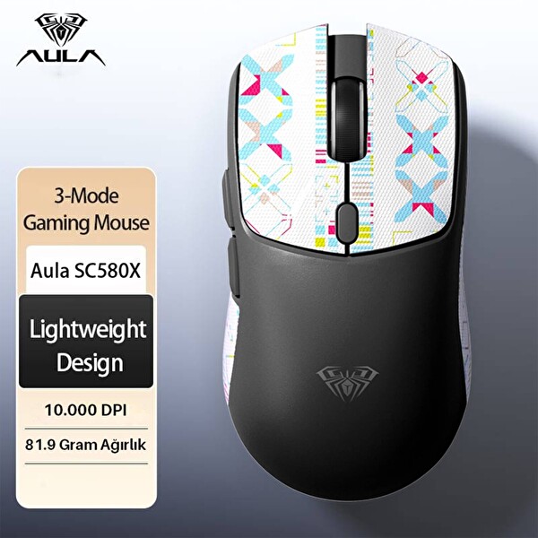 Aula SC580X LightWeight PAW3395 Sensör 10000 DPI 1000Hz Kablolu ve Kablosuz Siyah Oyuncu Faresi