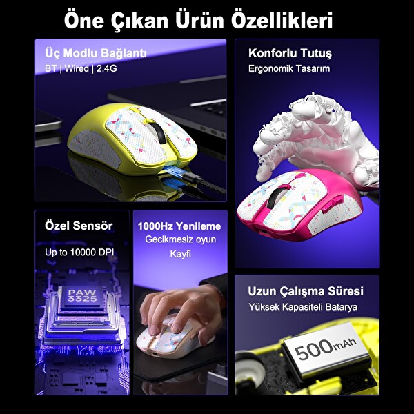 Aula SC580X LightWeight PAW3395 Sensör 10000 DPI 1000Hz Kablolu ve Kablosuz Siyah Oyuncu Faresi
