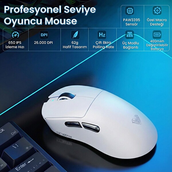 Aula SC900 Pro PAW3395 Sensör 26000 DPI 8000Hz Kablolu ve Kablosuz Oyuncu Faresi Beyaz