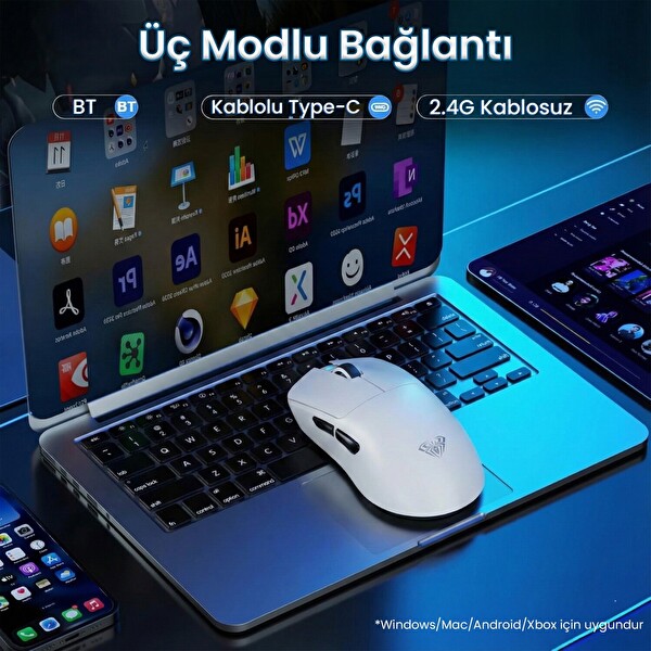 Aula SC900 Pro PAW3395 Sensör 26000 DPI 8000Hz Kablolu ve Kablosuz Oyuncu Faresi Beyaz