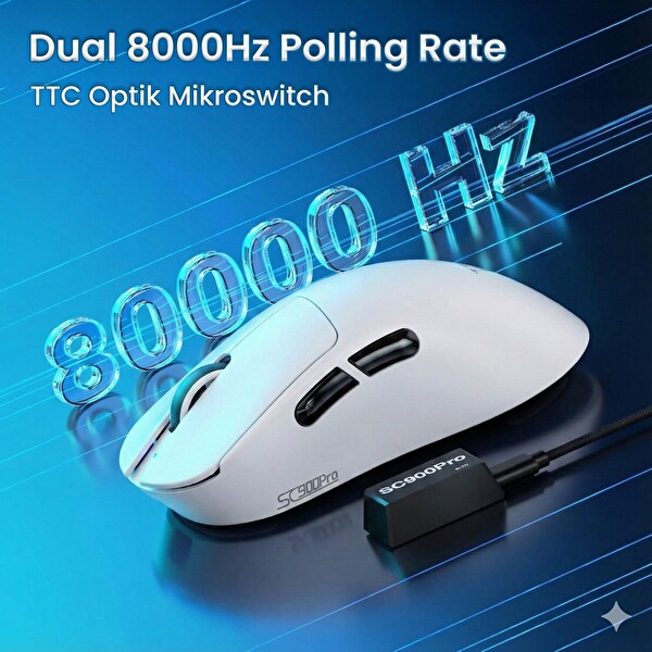 Aula SC900 Pro PAW3395 Sensör 26000 DPI 8000Hz Kablolu ve Kablosuz Oyuncu Faresi Beyaz