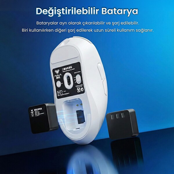 Aula SC900 Pro PAW3395 Sensör 26000 DPI 8000Hz Kablolu ve Kablosuz Oyuncu Faresi Beyaz