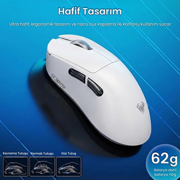 Aula SC900 Pro PAW3395 Sensör 26000 DPI 8000Hz Kablolu ve Kablosuz Oyuncu Faresi Beyaz