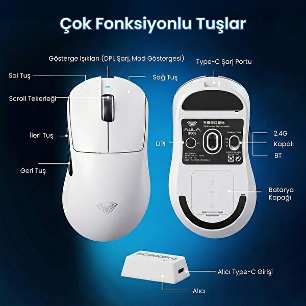 Aula SC900 Pro PAW3395 Sensör 26000 DPI 8000Hz Kablolu ve Kablosuz Oyuncu Faresi Beyaz