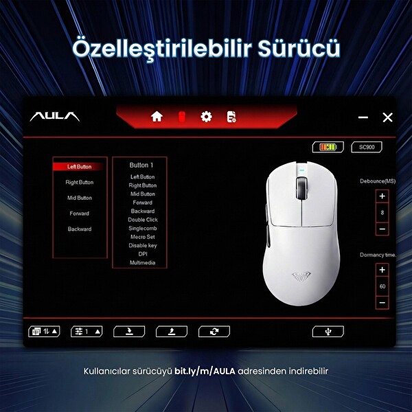 Aula SC900 Pro PAW3395 Sensör 26000 DPI 8000Hz Kablolu ve Kablosuz Oyuncu Faresi Beyaz