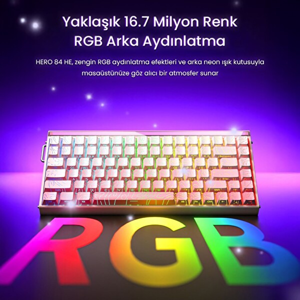 Aula Hero 84 He Manyetik Klavye Rapid Trigger Jade King Switch 8000Hz RGB Neon TKL Hot Swap Mor Oyuncu Klavyesi