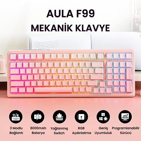 Aula F99 3 Modlu Mekanik Kablosuz RGB Hot Swap Dream Sakura Switch Makrolu Gradyan Pembe Oyuncu Klavyesi