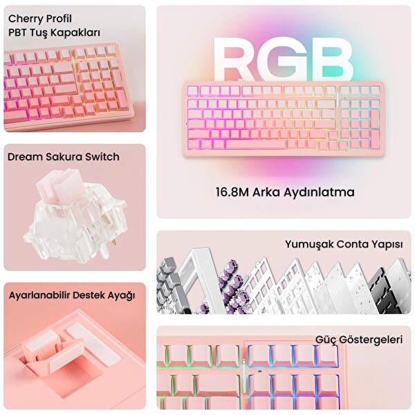 Aula F99 3 Modlu Mekanik Kablosuz RGB Hot Swap Dream Sakura Switch Makrolu Gradyan Pembe Oyuncu Klavyesi