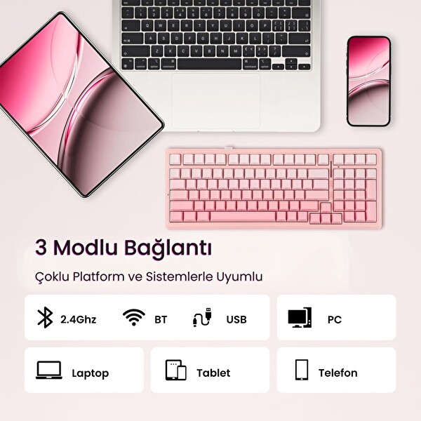 Aula F99 3 Modlu Mekanik Kablosuz RGB Hot Swap Dream Sakura Switch Makrolu Gradyan Pembe Oyuncu Klavyesi