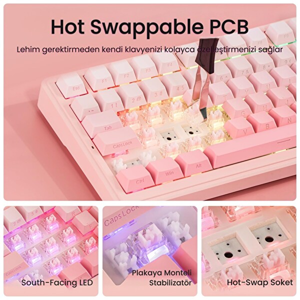 Aula F99 3 Modlu Mekanik Kablosuz RGB Hot Swap Dream Sakura Switch Makrolu Gradyan Pembe Oyuncu Klavyesi