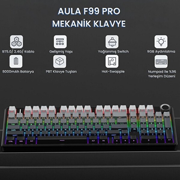 Aula F99 Pro 3 Modlu Mekanik Gaming Kablosuz Klavye RGB Hot Swap Nimbus V3 Switch Makrolu Gradyan Gri Oyuncu Klavyesi