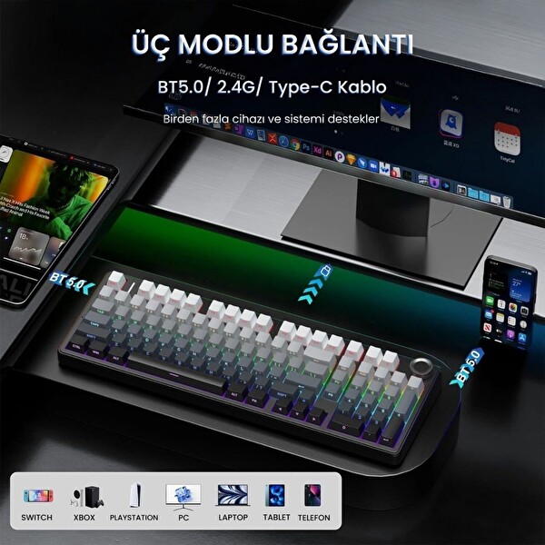 Aula F99 Pro 3 Modlu Mekanik Gaming Kablosuz Klavye RGB Hot Swap Nimbus V3 Switch Makrolu Gradyan Gri Oyuncu Klavyesi