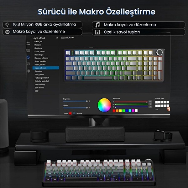 Aula F99 Pro 3 Modlu Mekanik Gaming Kablosuz Klavye RGB Hot Swap Nimbus V3 Switch Makrolu Gradyan Gri Oyuncu Klavyesi