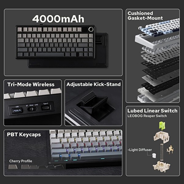 Aula F75 Max Mekanik RGB TKL Reaper Switch Kablosuz Makrolu Hot Swap Gri Oyuncu Klavyesi