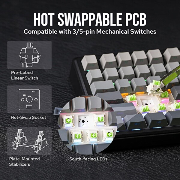 Aula F75 Max Mekanik RGB TKL Reaper Switch Kablosuz Makrolu Hot Swap Gri Oyuncu Klavyesi