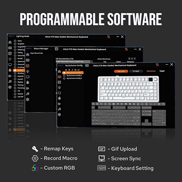Aula F75 Max Mekanik RGB TKL Reaper Switch Kablosuz Makrolu Hot Swap Gri Oyuncu Klavyesi