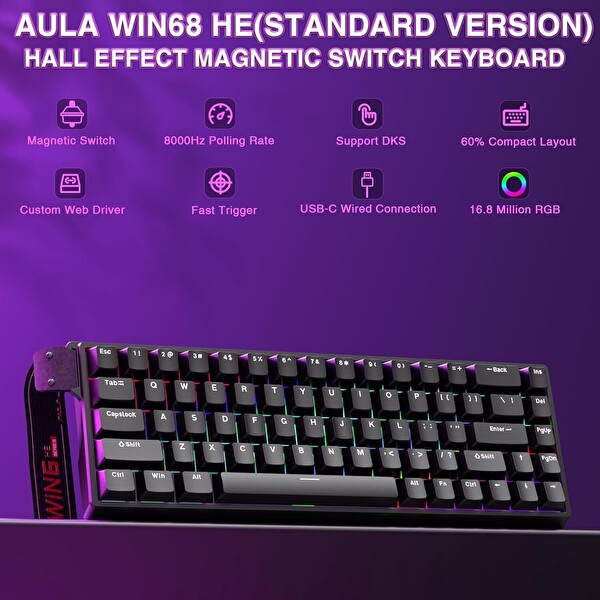 Aula Win68 HE Manyetik Klavye Rapid Trigger GrayWood Switch 8000Hz RGB TKL Hot Swap Siyah Oyuncu Klavyesi