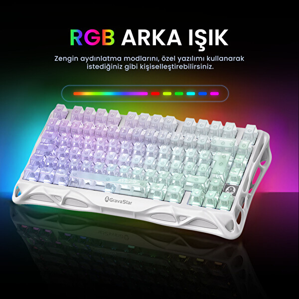 GravaStar K1 Lite Mekanik Gaming Klavye M2 Kablosuz Optik Mouse ve Mousepad Oyuncu Seti Crystal Aurora