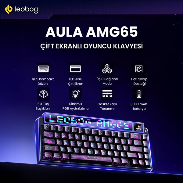 Leobog AMG65 Mekanik LED Matrix Ekranlı Sessiz Pamuk Şeker Anahtar RGB Hot Swap Siyah Oyuncu Klavyesi