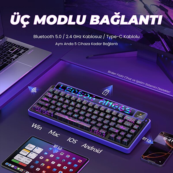 Leobog AMG65 Mekanik LED Matrix Ekranlı Sessiz Pamuk Şeker Anahtar RGB Hot Swap Siyah Oyuncu Klavyesi