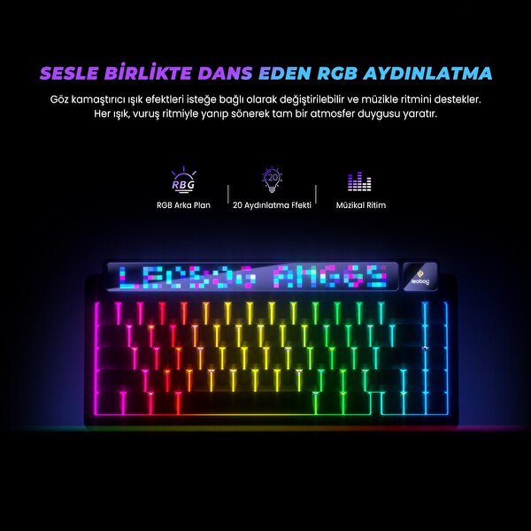Leobog AMG65 Mekanik LED Matrix Ekranlı Sessiz Pamuk Şeker Anahtar RGB Hot Swap Siyah Oyuncu Klavyesi