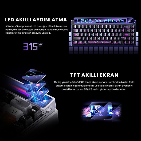 Leobog AMG65 Mekanik LED Matrix Ekranlı Sessiz Pamuk Şeker Anahtar RGB Hot Swap Siyah Oyuncu Klavyesi