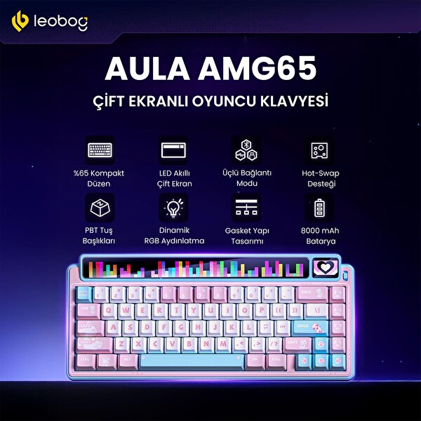Leobog AMG65 LED Matrix Ekranlı Jasper Anahtarlı RGB Hot Swap Pembe Mekanik Oyuncu Klavyesi