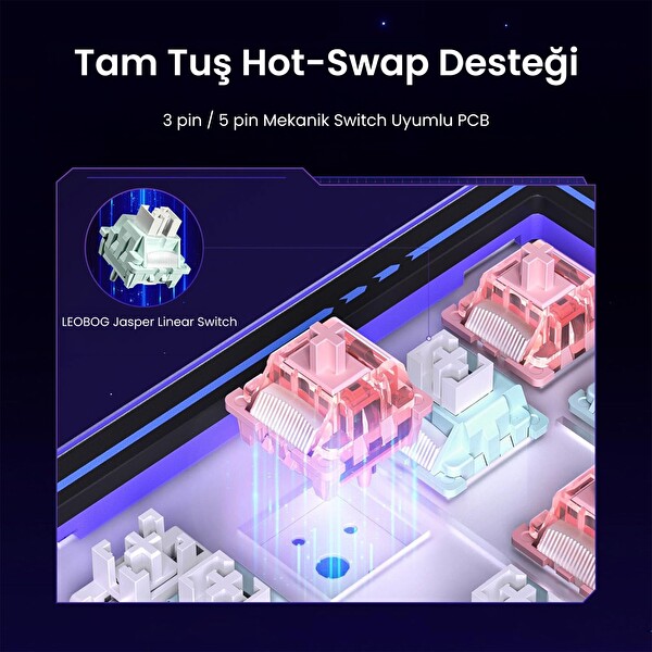 Leobog AMG65 LED Matrix Ekranlı Jasper Anahtarlı RGB Hot Swap Pembe Mekanik Oyuncu Klavyesi