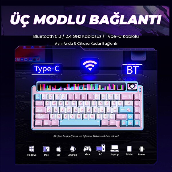 Leobog AMG65 LED Matrix Ekranlı Jasper Anahtarlı RGB Hot Swap Pembe Mekanik Oyuncu Klavyesi