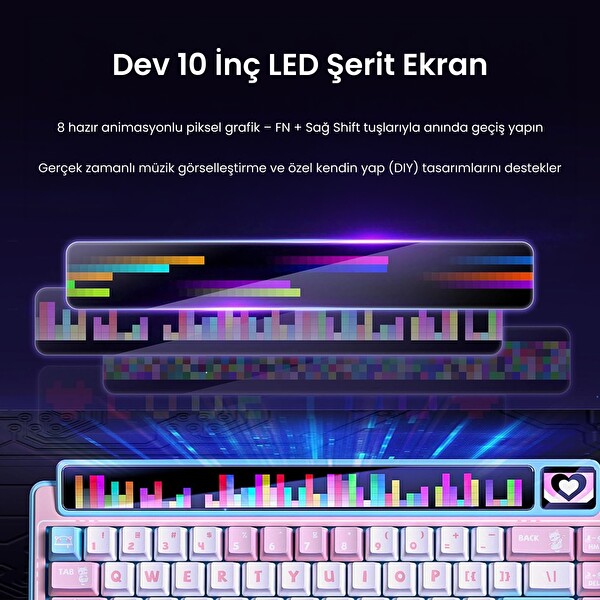Leobog AMG65 LED Matrix Ekranlı Sessiz Pamuk Şeker Anahtar RGB Hot Swap Pembe Mekanik Oyuncu Klavyesi