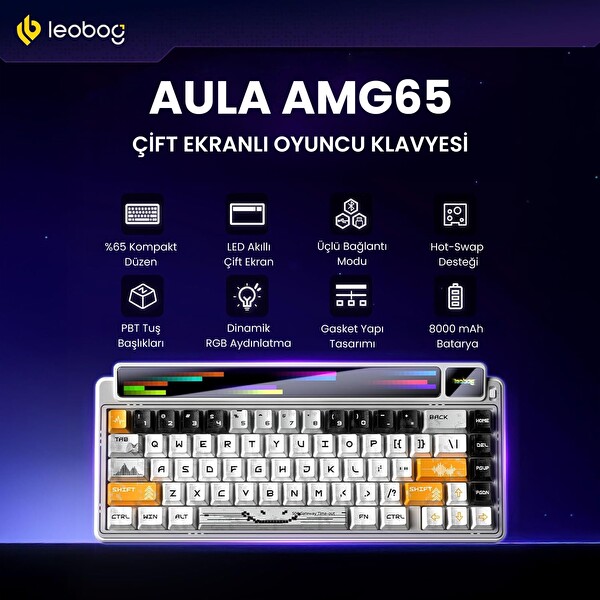 Leobog AMG65 LED Matrix Ekranlı Sessiz Pamuk Şeker Anahtar RGB Hot Swap Turuncu Mekanik Oyuncu Klavyesi