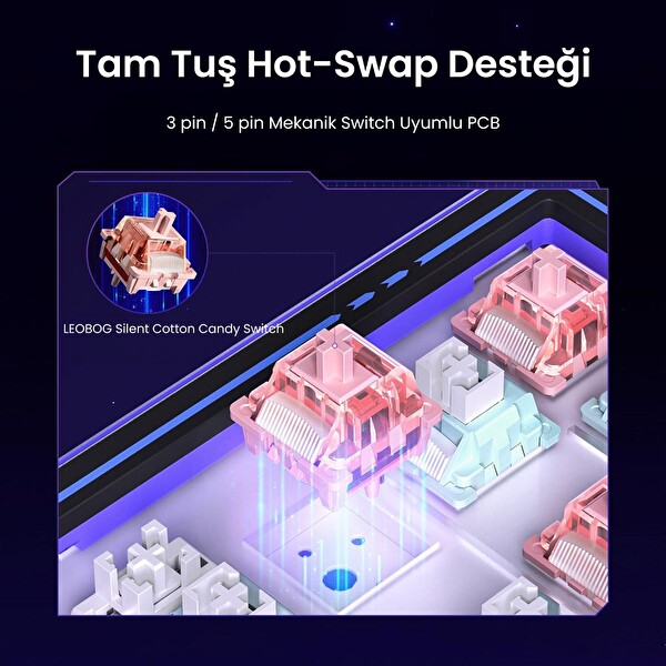 Leobog AMG65 LED Matrix Ekranlı Sessiz Pamuk Şeker Anahtar RGB Hot Swap Turuncu Mekanik Oyuncu Klavyesi