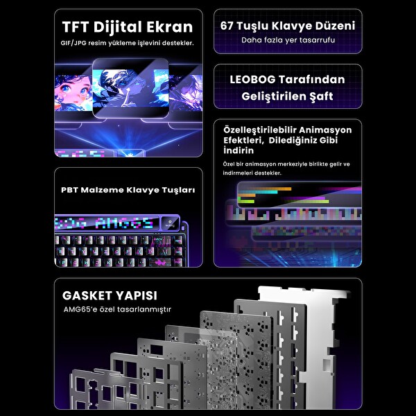 Leobog AMG65 LED Matrix Ekranlı Sessiz Pamuk Şeker Anahtar RGB Hot Swap Turuncu Mekanik Oyuncu Klavyesi