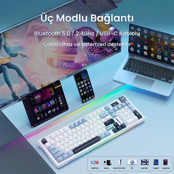 Aula S98 Pro 3 Modlu Mekanik Kablosuz RGB Hot Swap Star Vector Switch Makrolu Lacivert Oyuncu Klavyesi