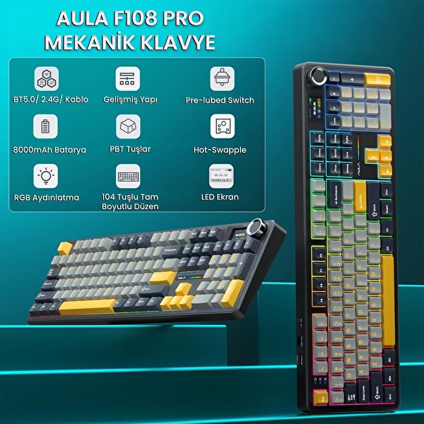 Aula F108 Pro Ekranlı Mekanik Klavye Reaper Switch RGB Hot Swap 8000mAh Makrolu Siyah Oyuncu Klavyesi