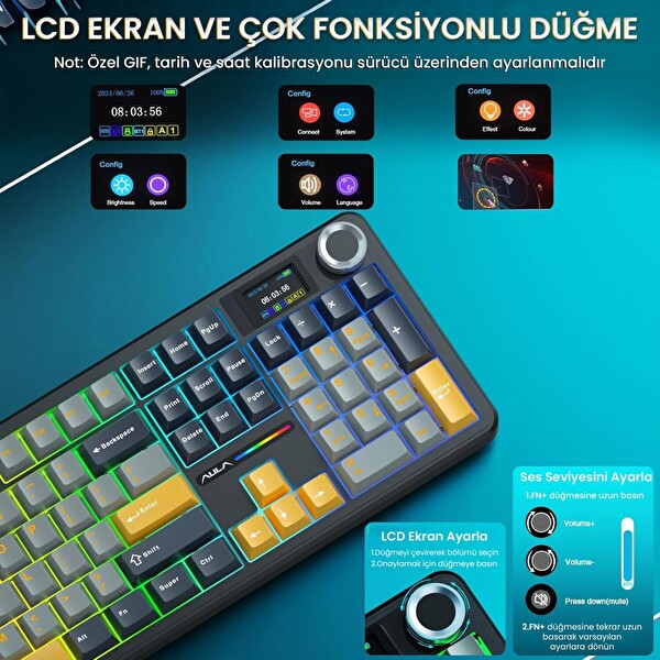 Aula F108 Pro Ekranlı Mekanik Klavye Reaper Switch RGB Hot Swap 8000mAh Makrolu Siyah Oyuncu Klavyesi