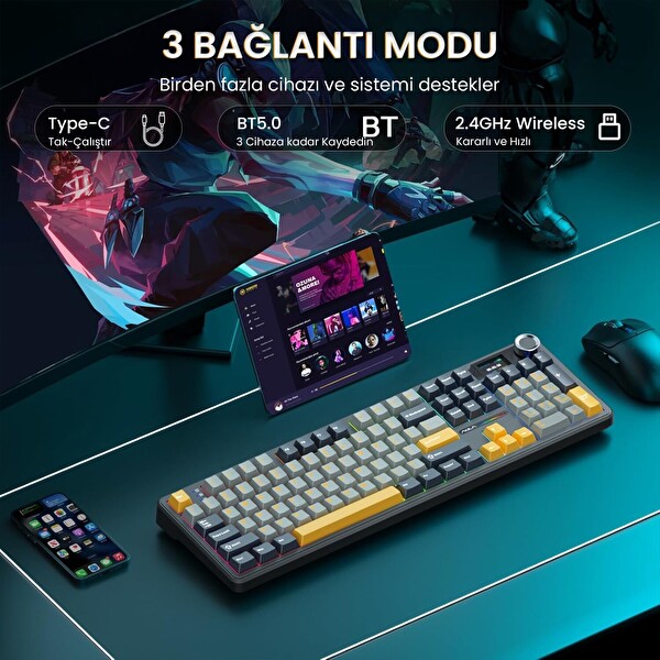 Aula F108 Pro Ekranlı Mekanik Klavye Reaper Switch RGB Hot Swap 8000mAh Makrolu Siyah Oyuncu Klavyesi