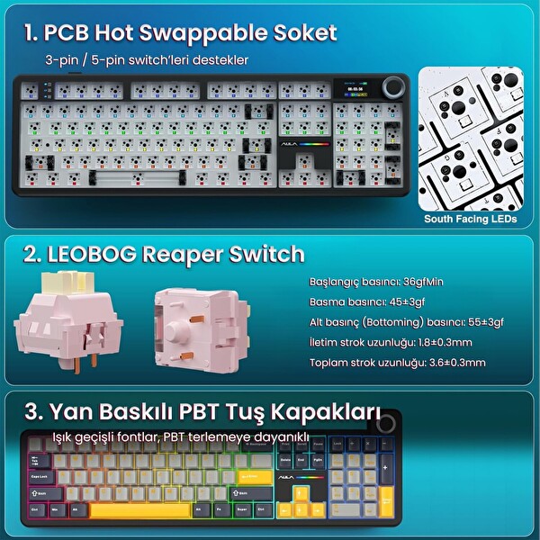 Aula F108 Pro Ekranlı Mekanik Klavye Reaper Switch RGB Hot Swap 8000mAh Makrolu Siyah Oyuncu Klavyesi