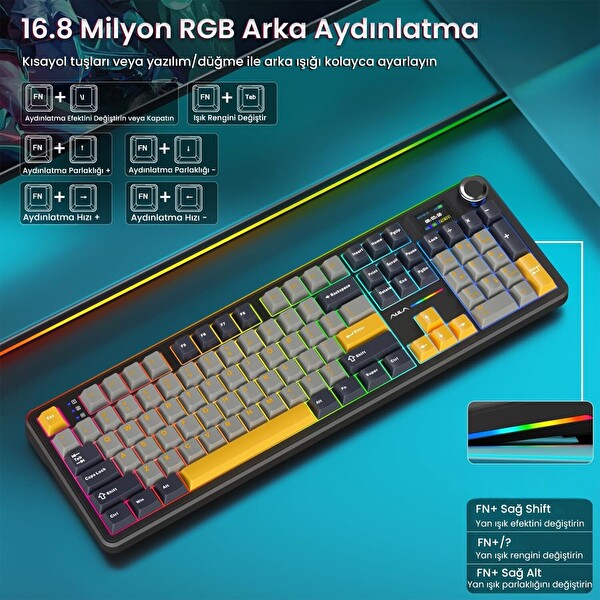 Aula F108 Pro Ekranlı Mekanik Klavye Reaper Switch RGB Hot Swap 8000mAh Makrolu Siyah Oyuncu Klavyesi