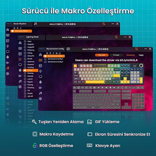 Aula F108 Pro Ekranlı Mekanik Klavye Reaper Switch RGB Hot Swap 8000mAh Makrolu Siyah Oyuncu Klavyesi