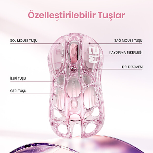 GravaStar Mercury M2 RGB 26.000 Dpi Optik Kablosuz Kristal Gül Oyuncu Faresi