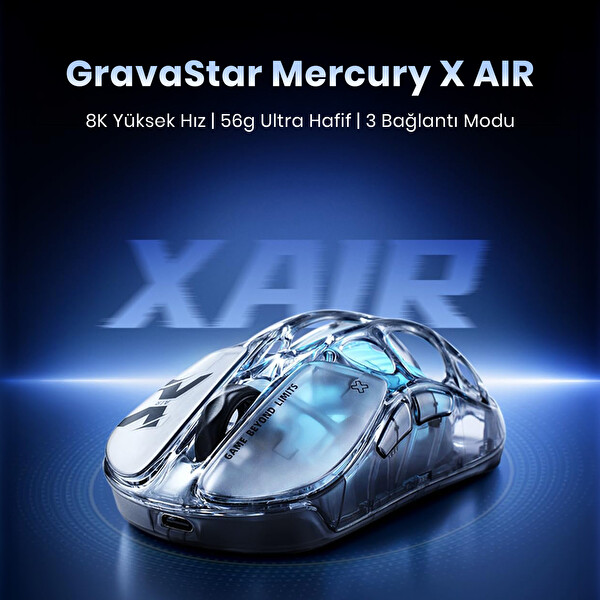 GravaStar Mercury X Air RGB 32.000 Dpi Optik 8KHz Dongle Kablosuz Oniks Kristali Oyuncu Faresi