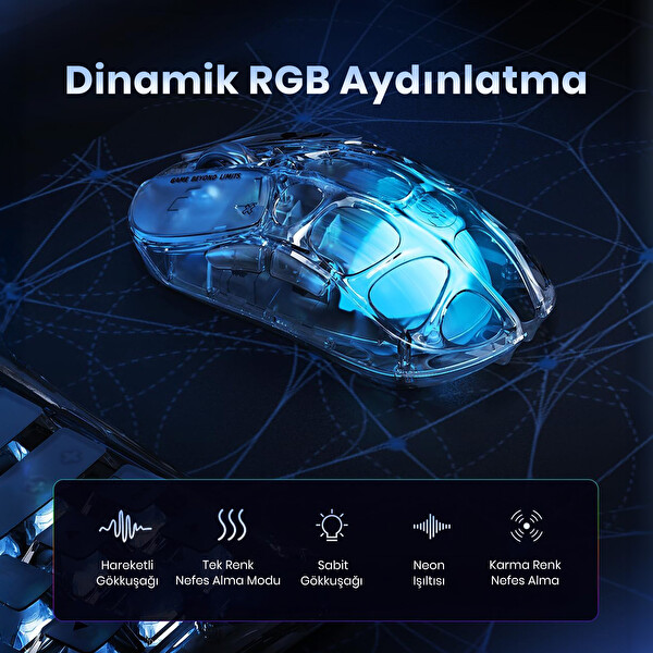 GravaStar Mercury X Air RGB 32.000 Dpi Optik 8KHz Dongle Kablosuz Oniks Kristali Oyuncu Faresi