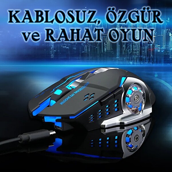 Upway Kablosuz Sessiz RGB LED Işıklı Şarjlı Ergonomik 2400DPI Siyah Oyuncu Faresi