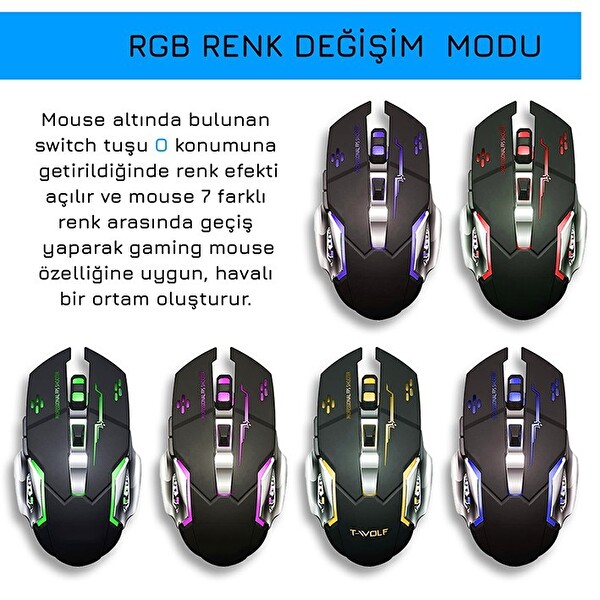 Upway Kablosuz Sessiz RGB LED Işıklı Şarjlı Ergonomik 2400DPI Siyah Oyuncu Faresi