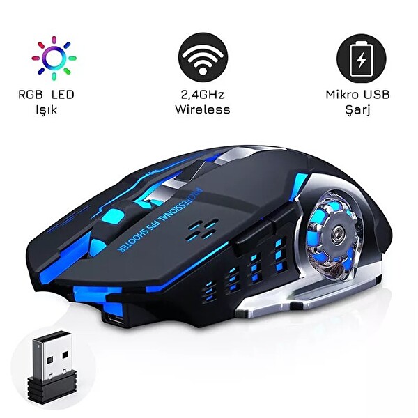 Upway Kablosuz Sessiz RGB LED Işıklı Şarjlı Ergonomik 2400DPI Siyah Oyuncu Faresi