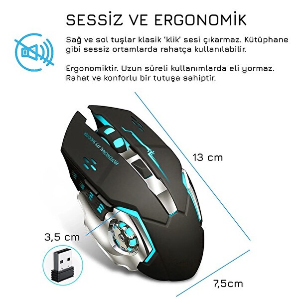 Upway Kablosuz Sessiz RGB LED Işıklı Şarjlı Ergonomik 2400DPI Siyah Oyuncu Faresi