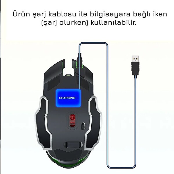 Upway Kablosuz Sessiz RGB LED Işıklı Şarjlı Ergonomik 2400DPI Siyah Oyuncu Faresi