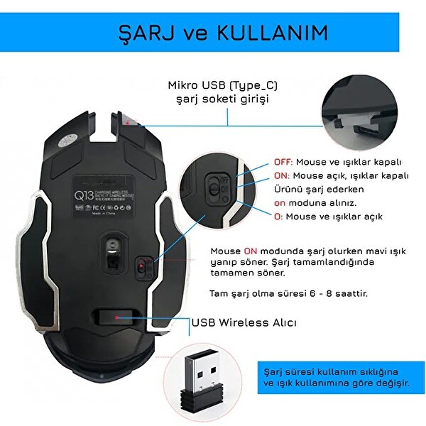 Upway Kablosuz Sessiz RGB LED Işıklı Şarjlı Ergonomik 2400DPI Siyah Oyuncu Faresi
