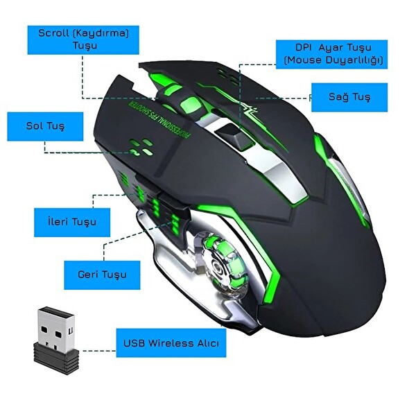 Upway Kablosuz Sessiz RGB LED Işıklı Şarjlı Ergonomik 2400DPI Siyah Oyuncu Faresi